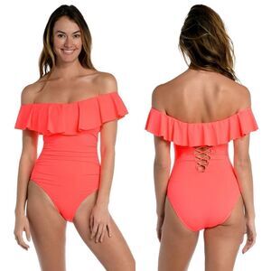 La Blanca Island Goddess Off Shoulder Ruffle One Piece Swimsuit Size 8 Coral NWT
